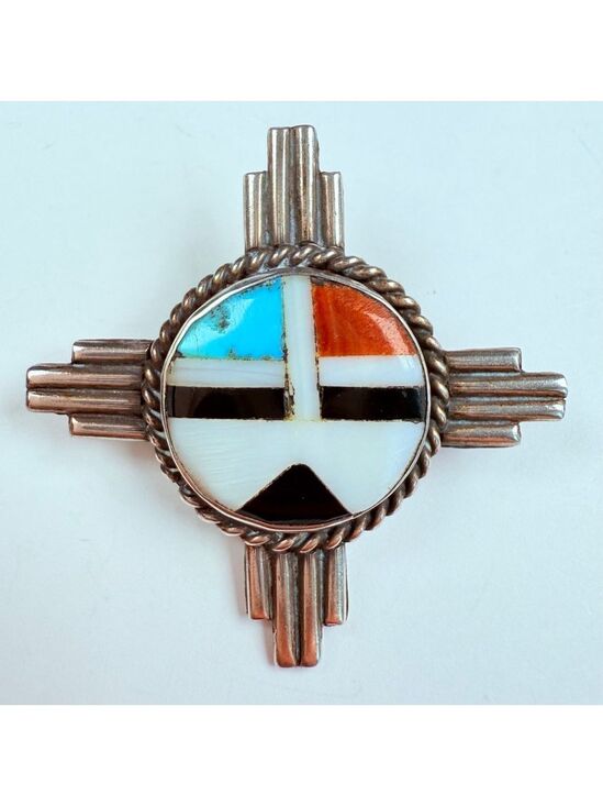 Jewelry - Native American Zuni Sunface Turquoise Coral Jet Sterling Silver VTG Pin Brooch